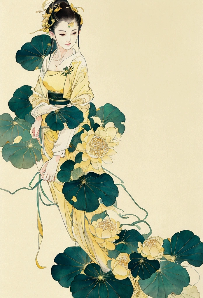 Ink and brushwork style，Lotus，Lotus Leaf，Yellow and blue color scheme，Simple lines，Hand Painted，HD details，White background，Painting on rice paper，HD 8k