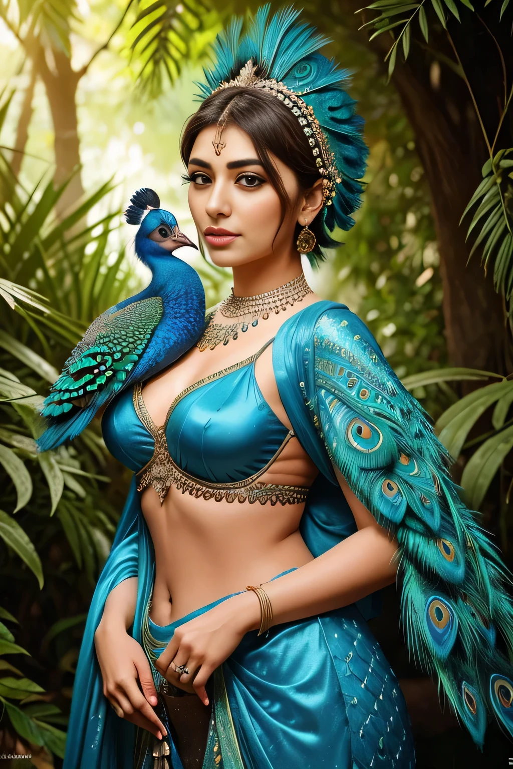 Hansika Motwani is a peafowl, she is real peafowl Bird. Mutant peafowl. peafowl transformation. peafowl body with female head. She is a bird. Real bird. Head with bird body. Create this beautiful creature.
