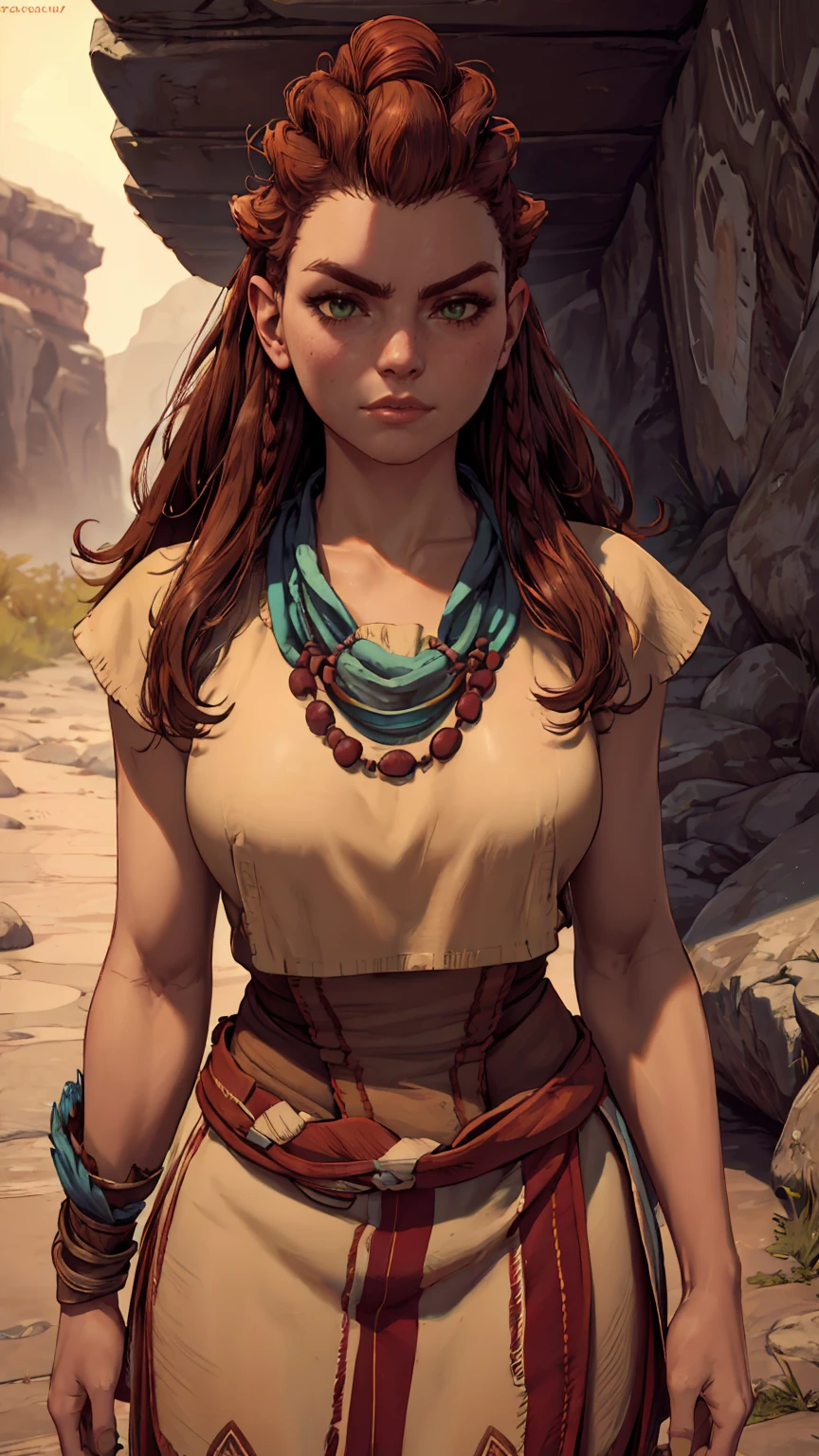 aloy,red hair,long hair,green eyes, tribal,dress,necklace,serious, standing,upper body, outdoors, (insanely detailed, masterpiece, beautiful face, best quality),solo,