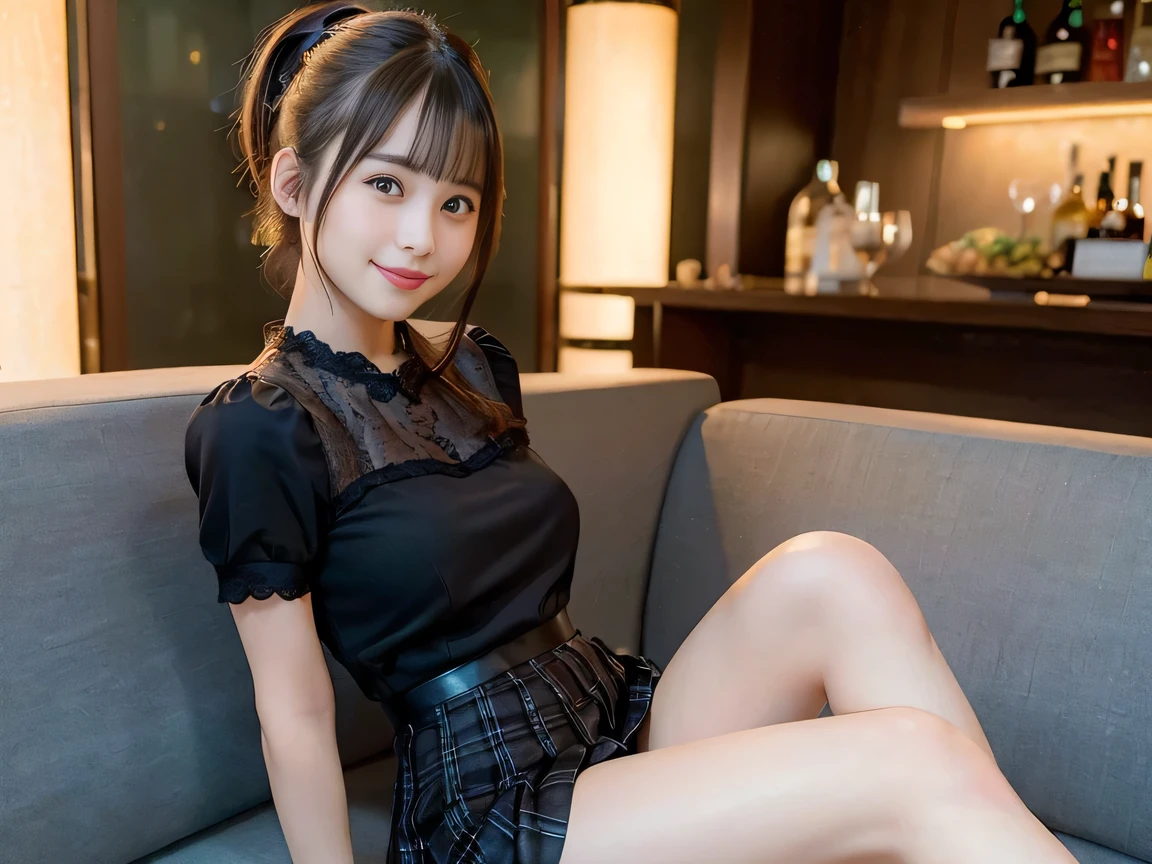(Highest quality, masterpiece, Ultra-high resolution, 8K, RAW Photos, Realistic, Anatomically correct:1.5), 20-year-old girl:1.2, Embarrassing, avert your eyes, blush:1.0, View Viewer, ((Bar Lounge)) 、Night view、 Light:1.2, Bokeh, Cinema Lighting:1.0, Depth of written boundary, sharp、 Cute face、Idol、Black short sleeve lace top、Black pleated skirt、Black clothing、”dwarf”、(Floral clothes)、(Full Body Shot)、Side angle、Cowboy Shot、 smile、(Ultra short hair、Short ponytail)、(Straight bangs)、((See-through))、(( One Girl))、Large Breasts、Sit on the sofa、