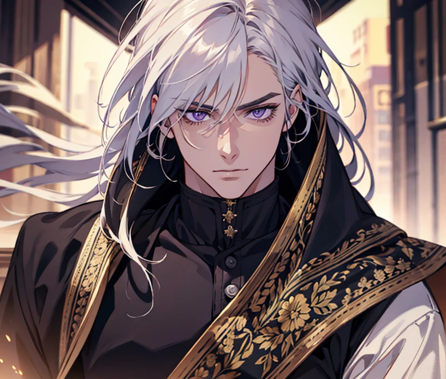 a man with medium length white hair, beautiful detailed purple eyes, detailed facial features, attractive male appearance, fine painting style, ultra-detailed, realistic, best quality, 4k, 8k, highres, masterpiece, ultra-fine painting, physically-based rendering, vivid colors, studio lighting
