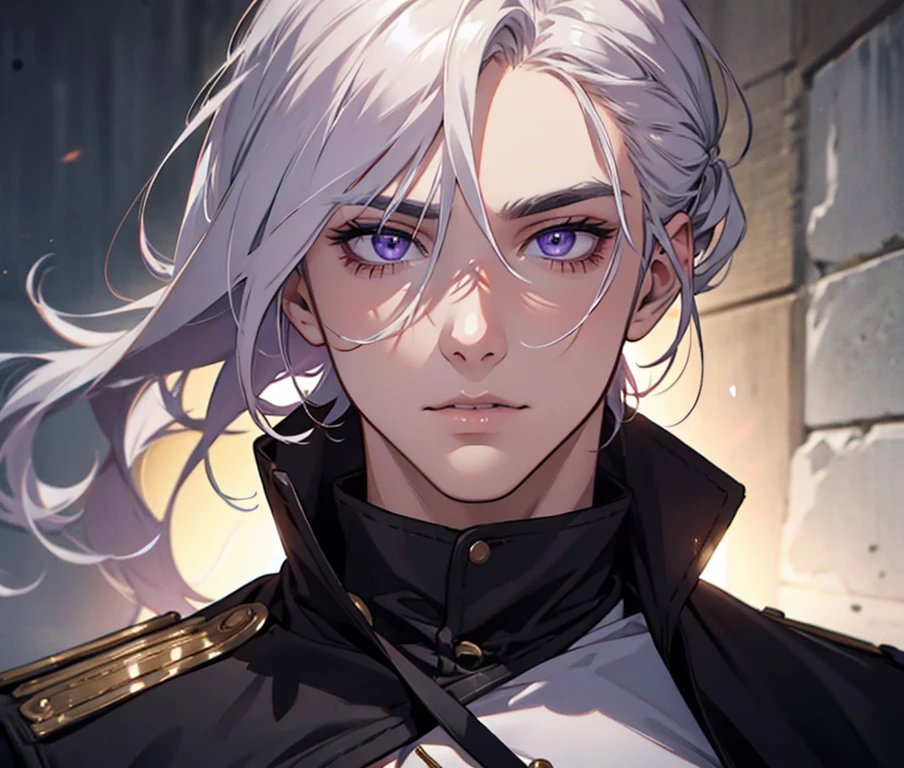 a man with medium length white hair, beautiful detailed purple eyes, detailed facial features, attractive male appearance, fine painting style, ultra-detailed, realistic, best quality, 4k, 8k, highres, masterpiece, ultra-fine painting, physically-based rendering, vivid colors, studio lighting