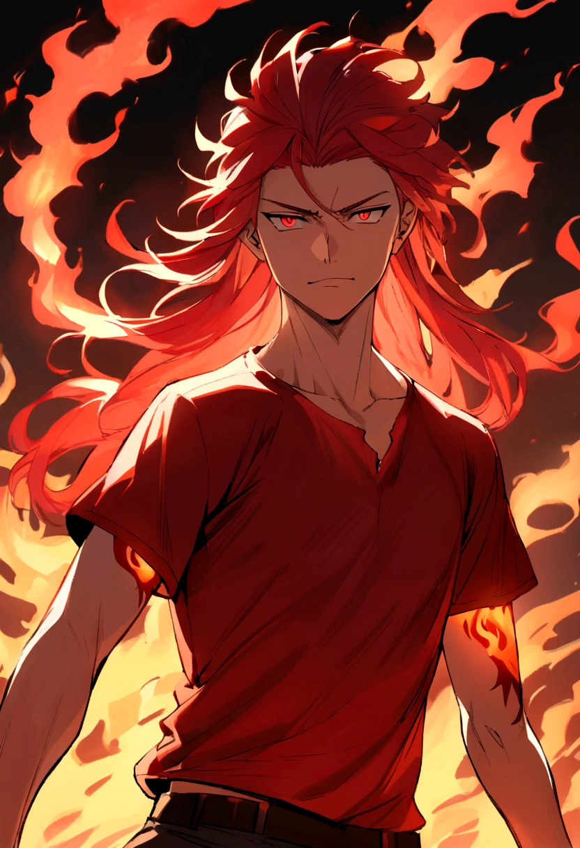 Teenage boy, serious face, Simple smile, raised hair, long hair, bright fiery hair, bright light red eyes, short sleeve ripped red shirt, red tattoos on body, intense fire aura