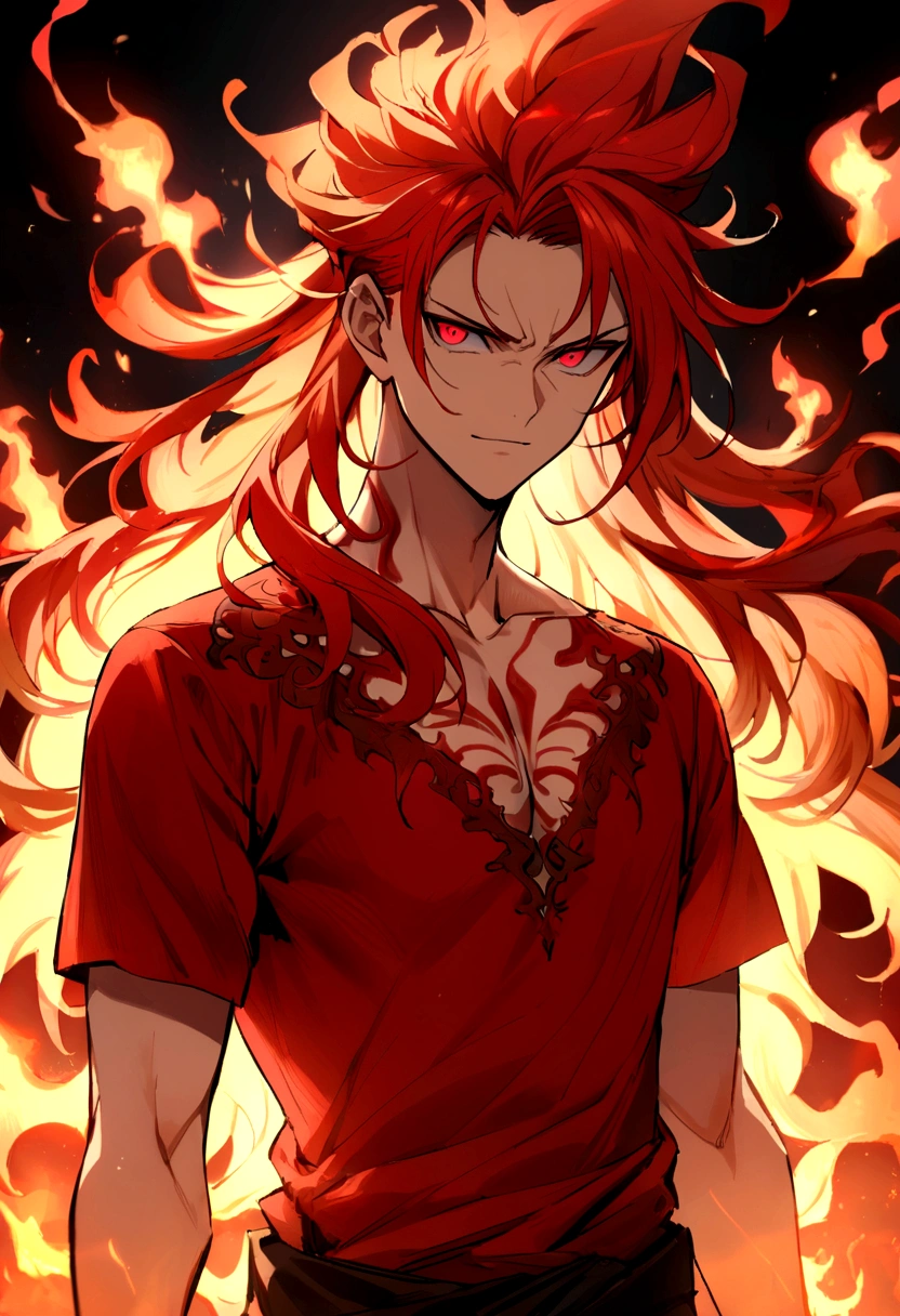 Teenage boy, serious face, Simple smile, raised hair, long hair, bright fiery hair, bright light red eyes, short sleeve ripped red shirt, red tattoos on body, intense fire aura