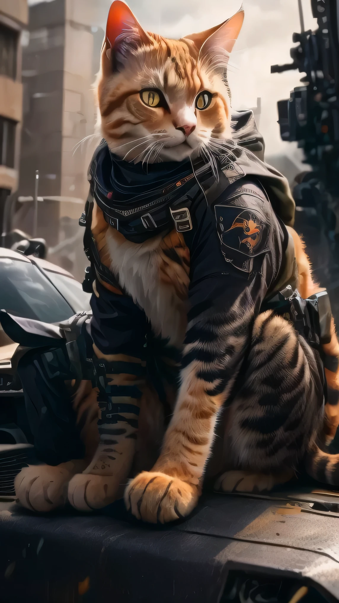 There is a cat sitting on the car, Armored Cat, Cat Warrior, Vojtek Fuss, awesome cat, Cyberpunk Cat, Awesome CGI, Ultra-realistic concept art, Ready for battle, Trending on artstation 4k, Assassin Cat, Samurai Cat, Cat Details, Orange Cat, astronaut cat, Cat Design, japanese cgi, Cat from the void