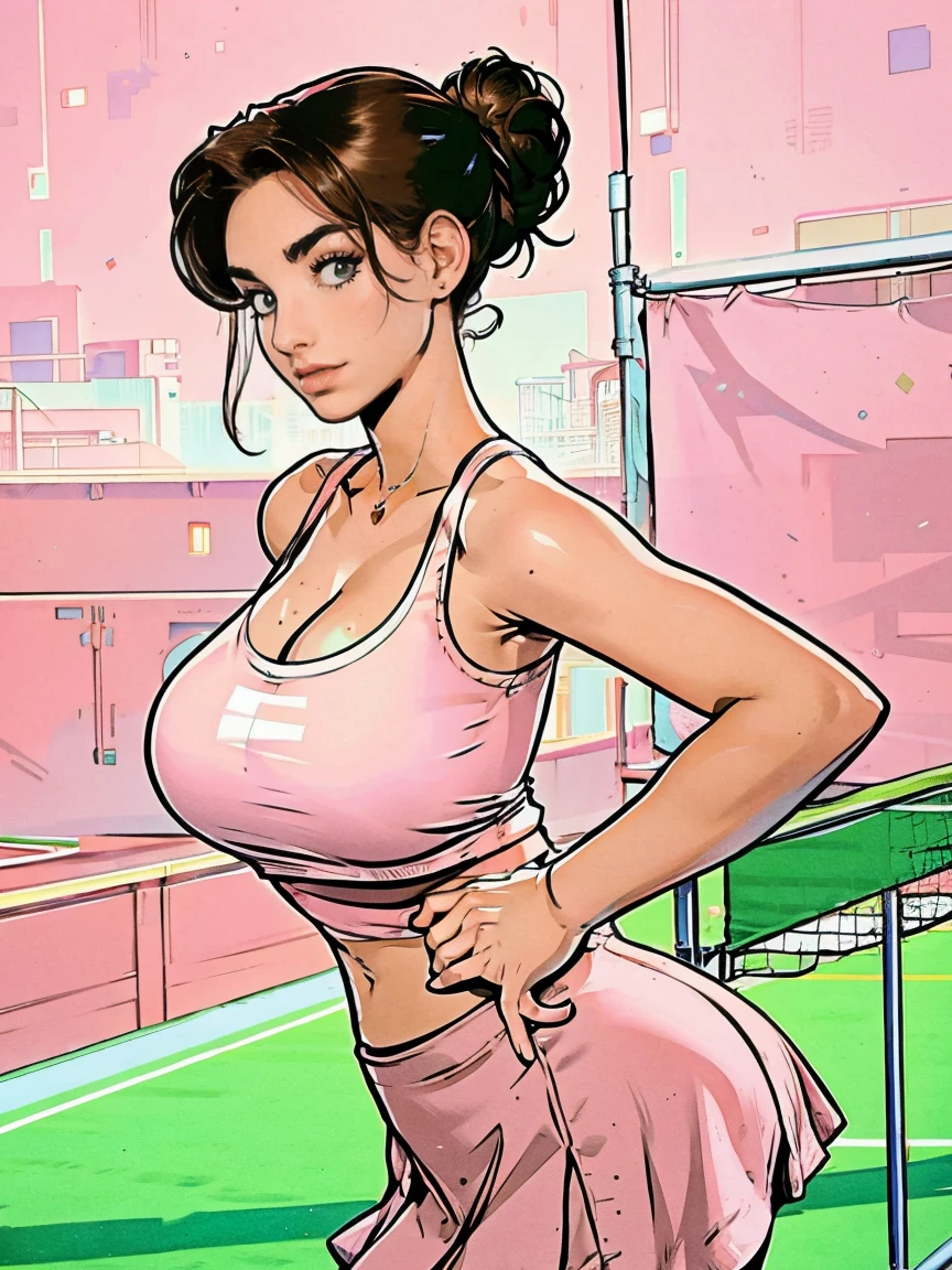 Extremely busty thin and toned brunette photographer, college girl, fair skin, loose updo, soft face, athletic, white tank top, pink skirt. detailed background, tennis court.
