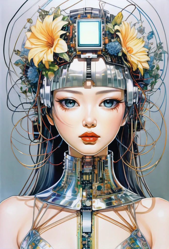 Portrait of beautiful lady with flower crown and electronic circuit dress , all with the style of Hajime Sorayama.