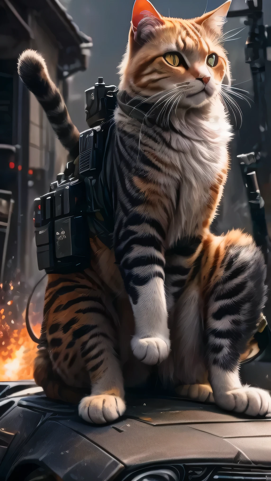 There is a cat sitting on the car, Armored Cat, Cat Warrior, Vojtek Fuss, awesome cat, Cyberpunk Cat, Awesome CGI, Ultra-realistic concept art, Ready for battle, Trending on artstation 4k, Assassin Cat, Samurai Cat, Cat Details, Orange Cat, astronaut cat, Cat Design, japanese cgi, Cat from the void