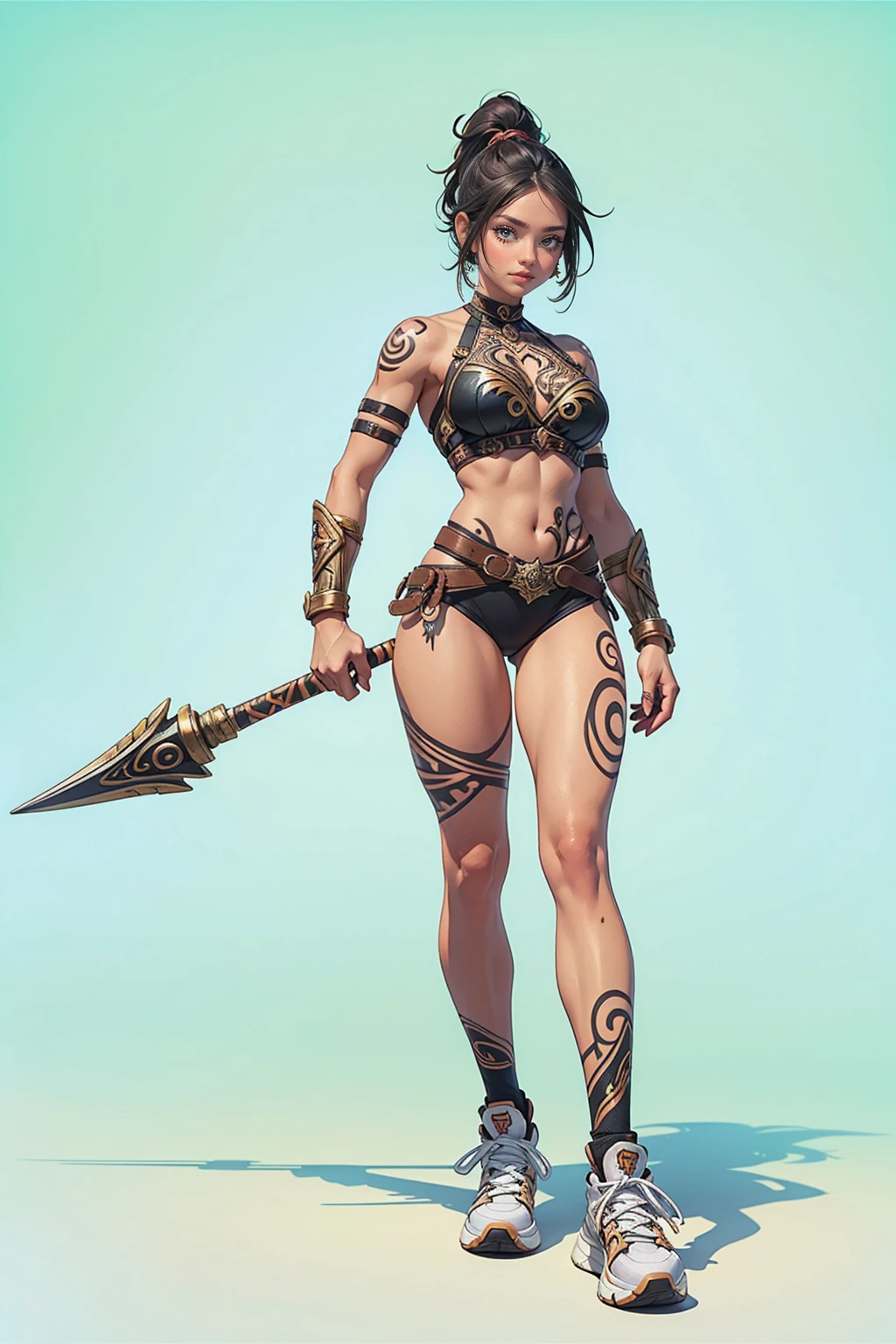 ((women amazon warrior outfit), athletic, tattoos, serious, looking at the viewer, perfect hands, beautiful face, simple_background, full body, perfect body, rounded breast