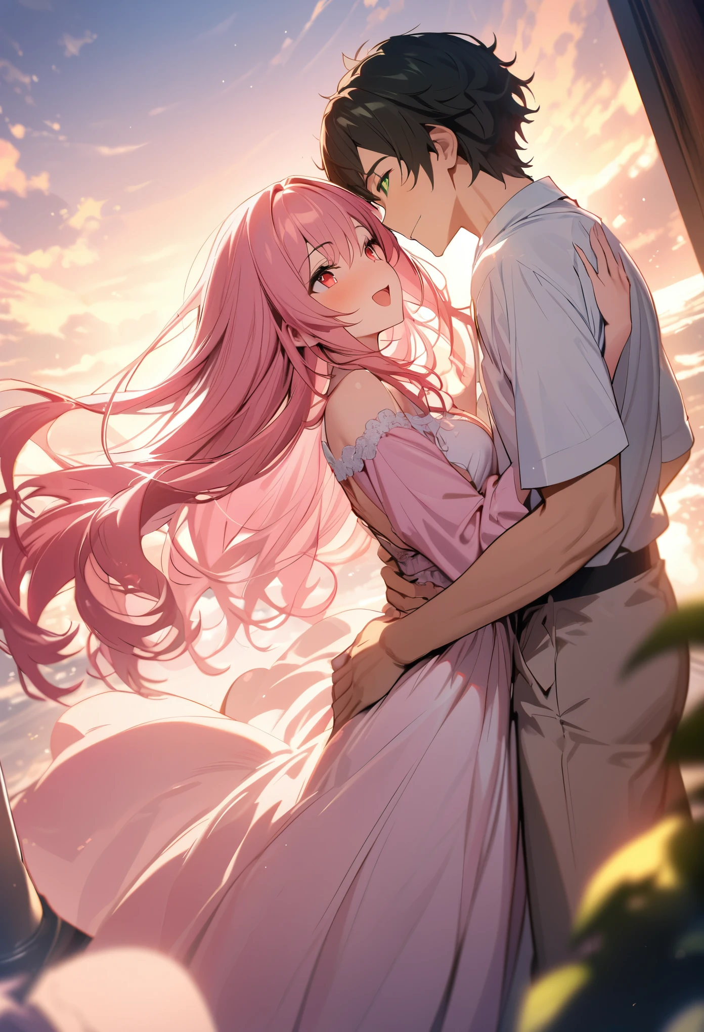 (couple), girl and boy, 1boy, 1girl, (girl with red eyes, vibrant pink long hair), (boy with green eyes, short black curly hair), intimate, rich in detail, happy expression, love, long shot, wide angle, (masterpiece, best quality, aesthetic, heavenly)