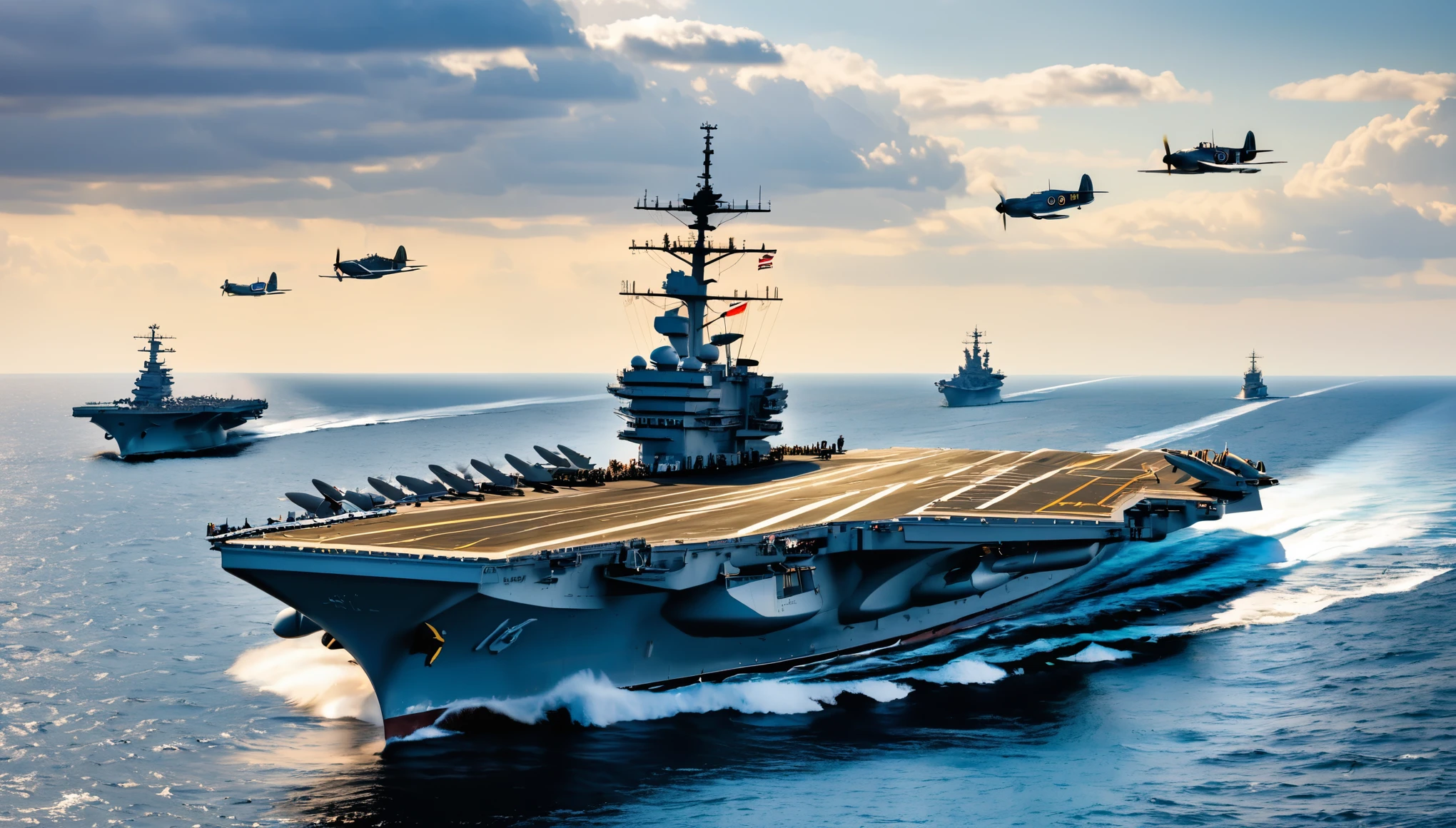 A historical aircraft carrier from World War II, with vintage fighter planes on its deck, sailing through calm seas.