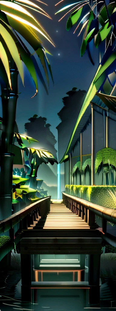 The Jungle Book, bamboo tree fantasy, Long bamboo, Practical, consumption environment, AI, Artificial water source, Build a bridge between two different places surrounded by bamboo forest, Night view, 8k best quality, AMD FidelityFX Super Resolution 3, Rendered by Nvidia RTX DLSS 3.5