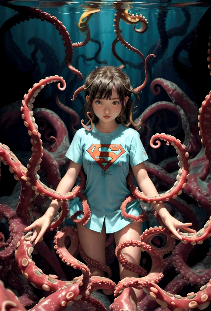 arafed girl in a torn supergirl (12-year old) shirt under water with octopus tentacles, covered with tentacles, tentacles around, beautiful octopus girl, some tentacles are touching her, many tentacles, super nova octopus, in a underwater horror scene, underwater photography, tentacles, octopus tentacles, squid attack, tentacle