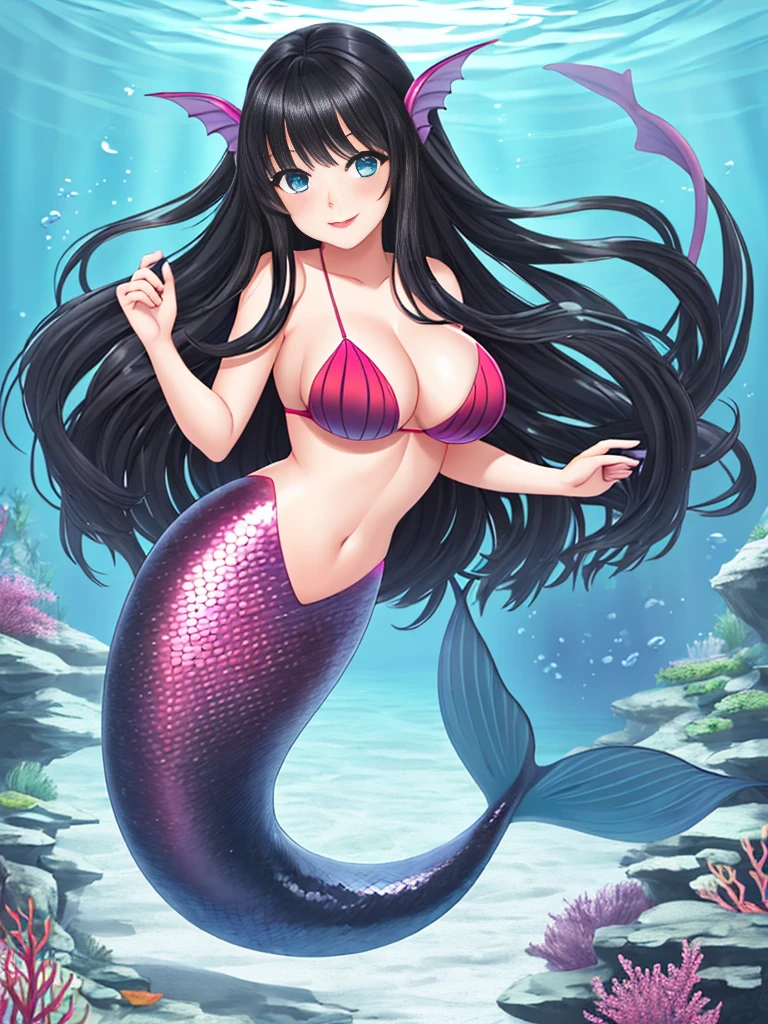 1girl, dark girl, mermaid, long hair, black hair, blue eyes, red lips, pink eyeshadow, smile, blush, happy face, full body, large breasts, mature female, underwater, black mermaid tail,