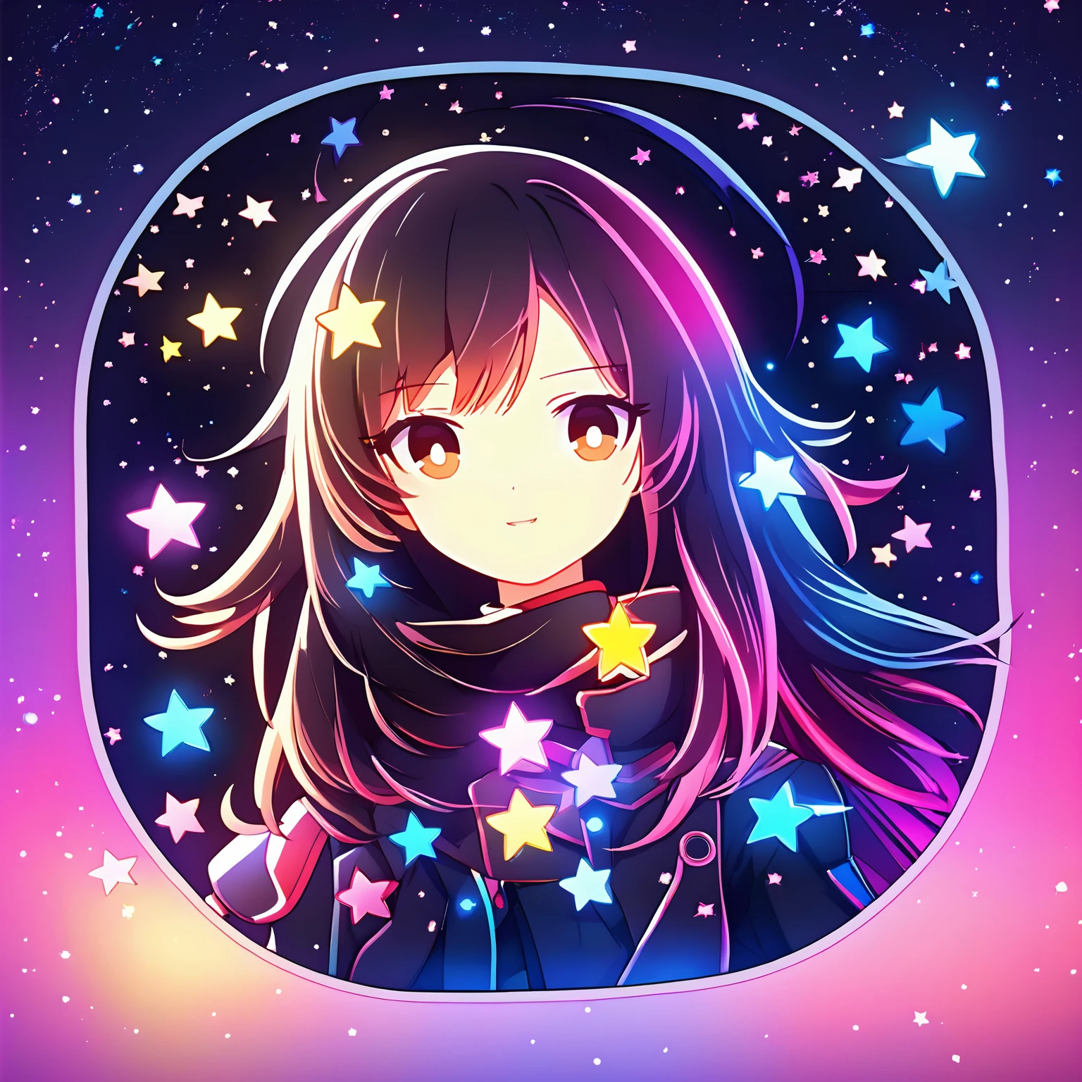 a cute girl, anime style, glowing, bloom, colorful, neo icon, chibi avatar, space, shooting stars, stars