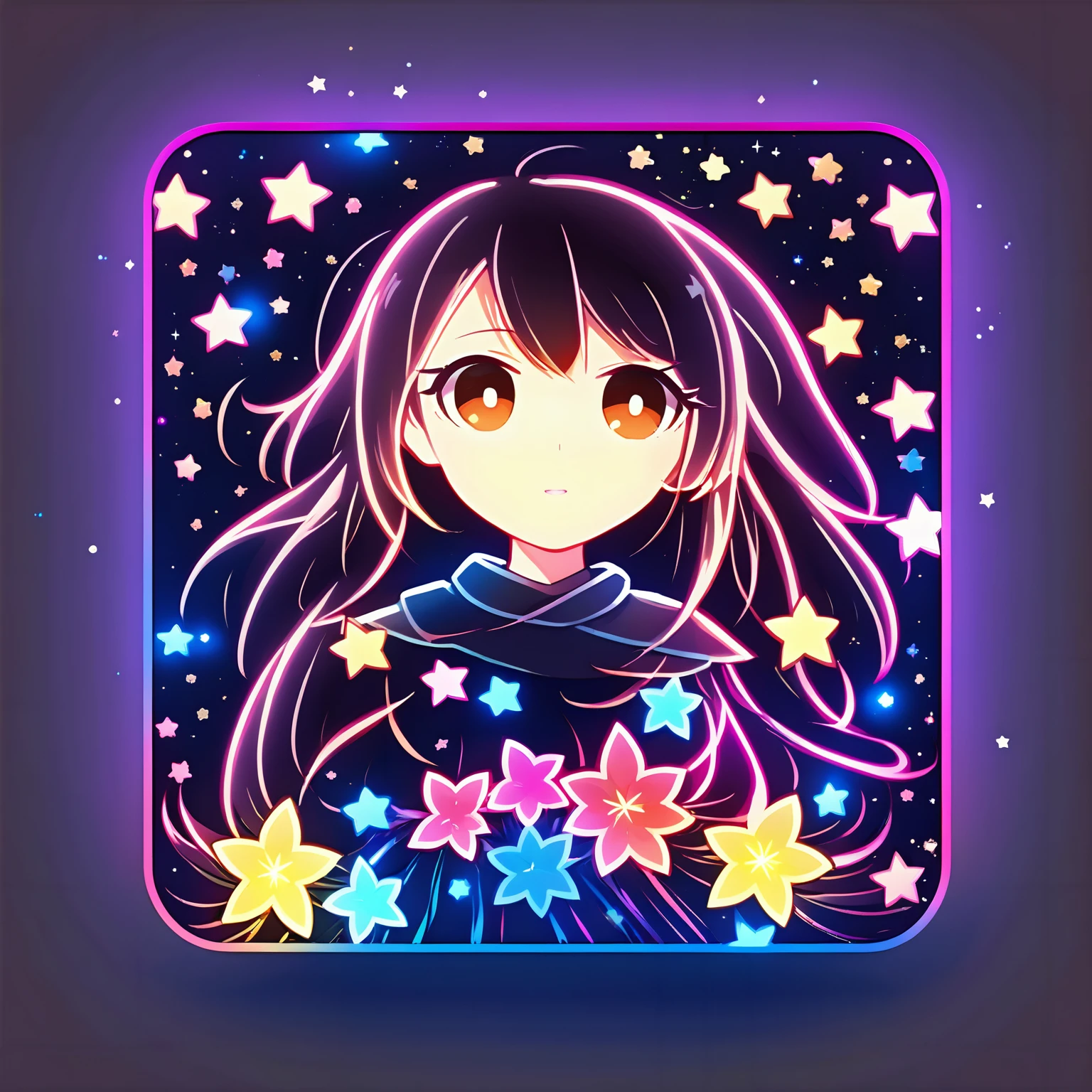 a cute girl, anime style, glowing, bloom, colorful, neo icon, chibi avatar, space, shooting stars, stars