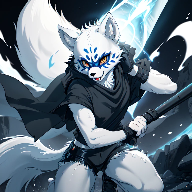 Alopex, arctic fox, furry, blue marks eye, tmnt,orange eyes, girl1, solo, cloak, black shirt, black shorts, action shot of breathtaking, facial mark, fox claws, white sights, fangs, professional, highly detailed. Movement, energy, dynamic, intense, best quality 