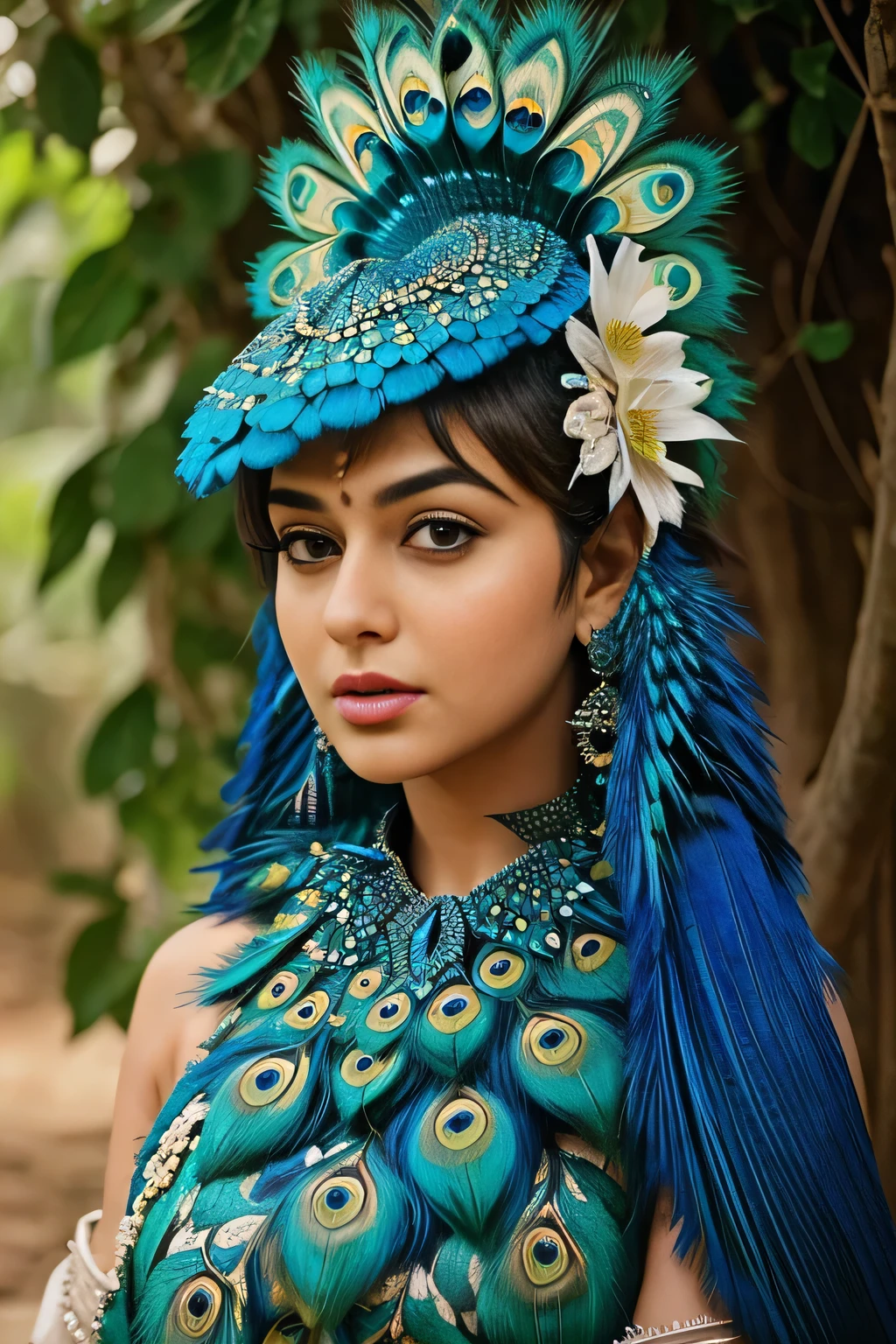 Hansika Motwani is a peafowl, she is real peafowl Bird. Mutant peafowl. peafowl transformation. peafowl body with female head. She is a bird. Real bird. Female Head with bird body. Create this beautiful creature.