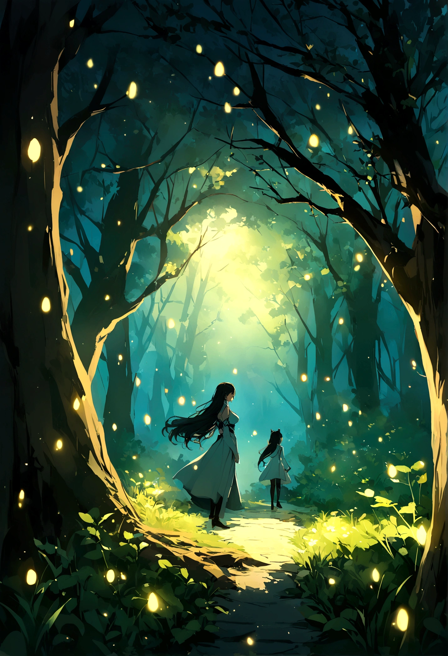 Wild paths with fireflies, azure moonlit nights, a quiet scene with no people, the best image quality.