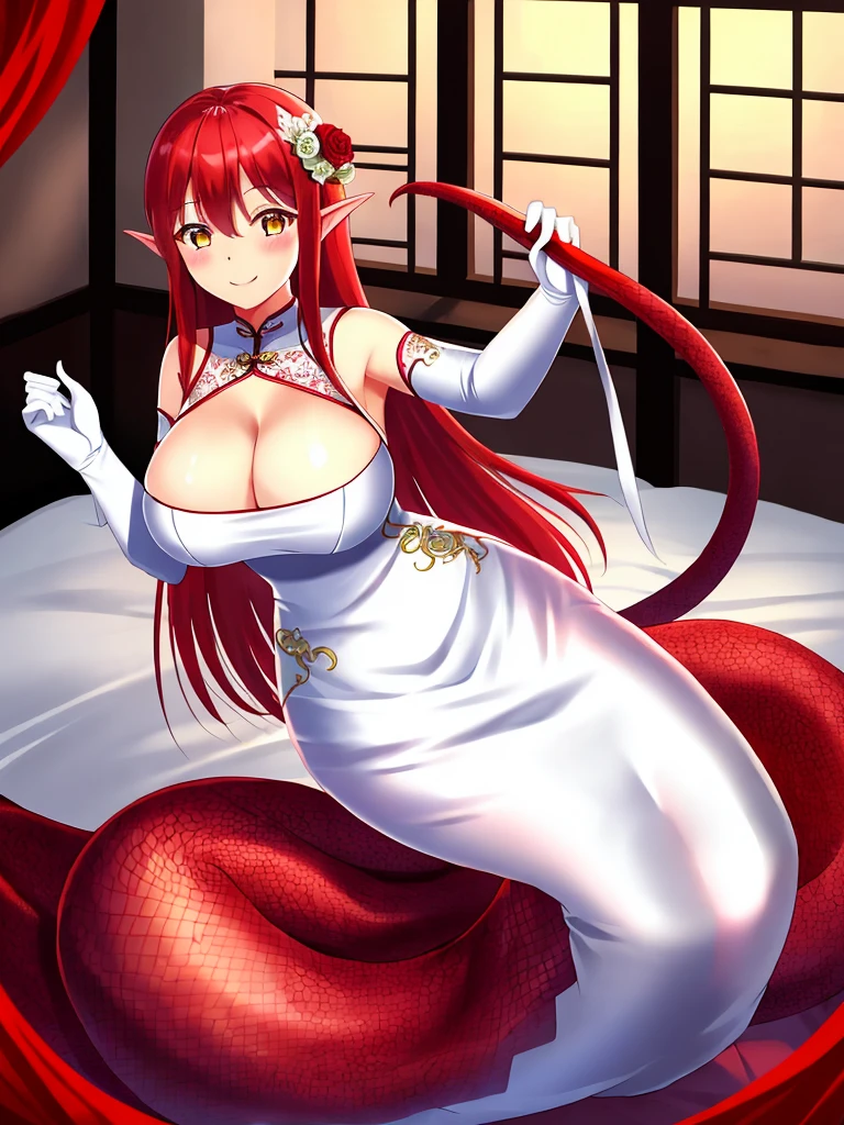 1girl, red lamia, scales, tail, full body, smile, long hair, red hair, yellow eyes, blush, happy face, bedroom, wedding dress, chinese girl, mature female, huge breasts, elbow gloves, white gloves,