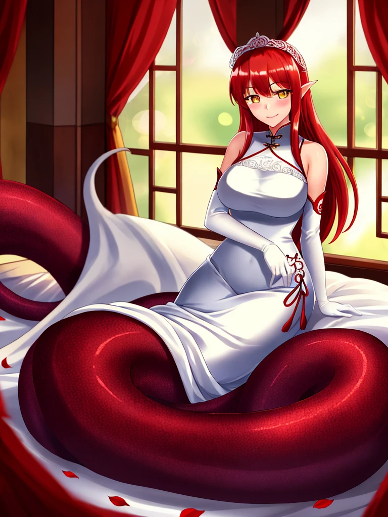 1girl, red lamia, scales, tail, full body, smile, long hair, red hair, yellow eyes, blush, happy face, bedroom, wedding dress, chinese girl, mature female, huge breasts, elbow gloves, white gloves,