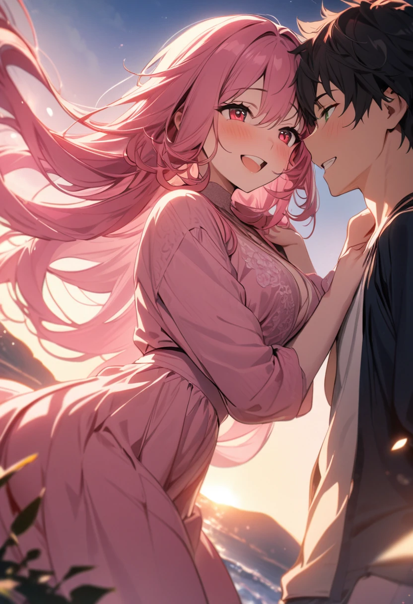 (couple), girl and boy, 1girl, (girl with red eyes, vibrant pink long hair), 1boy, (boy with green eyes, short black curly hair), intimate, rich in detail, happy expression, love, long shot, wide angle, (masterpiece, best quality, aesthetic, heavenly)