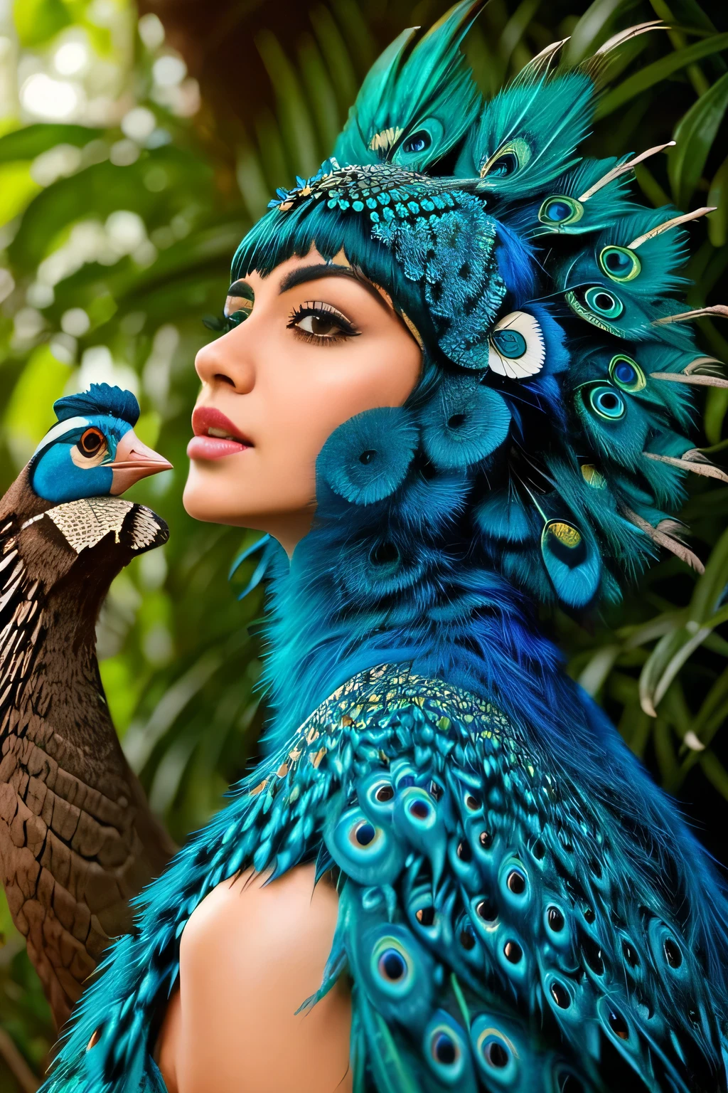 Hansika Motwani is a peafowl, she is real peafowl Bird. Mutant peafowl. peafowl transformation. peafowl body with  female head. She is a bird. Real bird. Female Head with bird body. Create this beautiful creature.