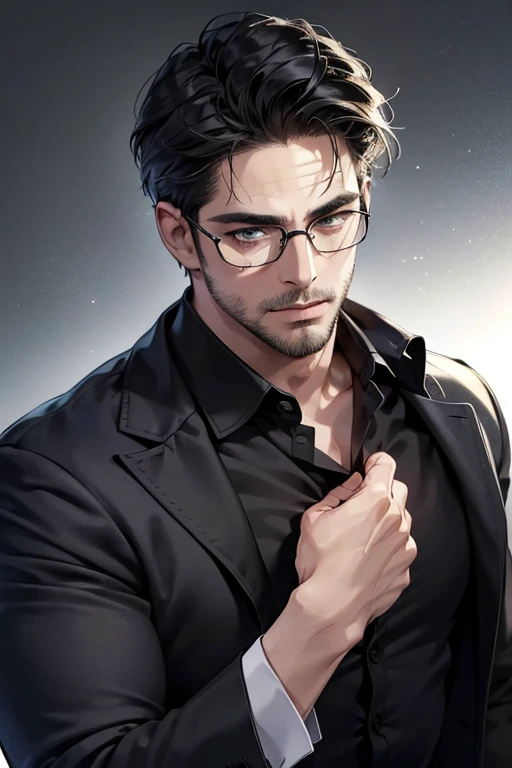 (Best quality,4K,8K,a high resolution,masterpiece:1.2),ultra detailed,(realistic,photorealistic,photo-realistic:1.37),39 year old man,3 day beard,Beautiful anime,portraits,strong,masculine,dark hair,Sharp jawline,Mesmerizing eyes,Perfectly styled hair,cool anime outfit,confident expression,bright colors,dynamic lighting, grey eyes, (black shirt, glasses on face)