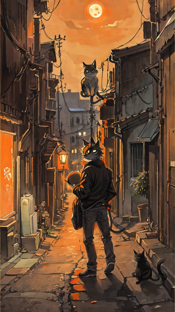 cat,orange,cute,big eyes,masterpiece,full moon,alley