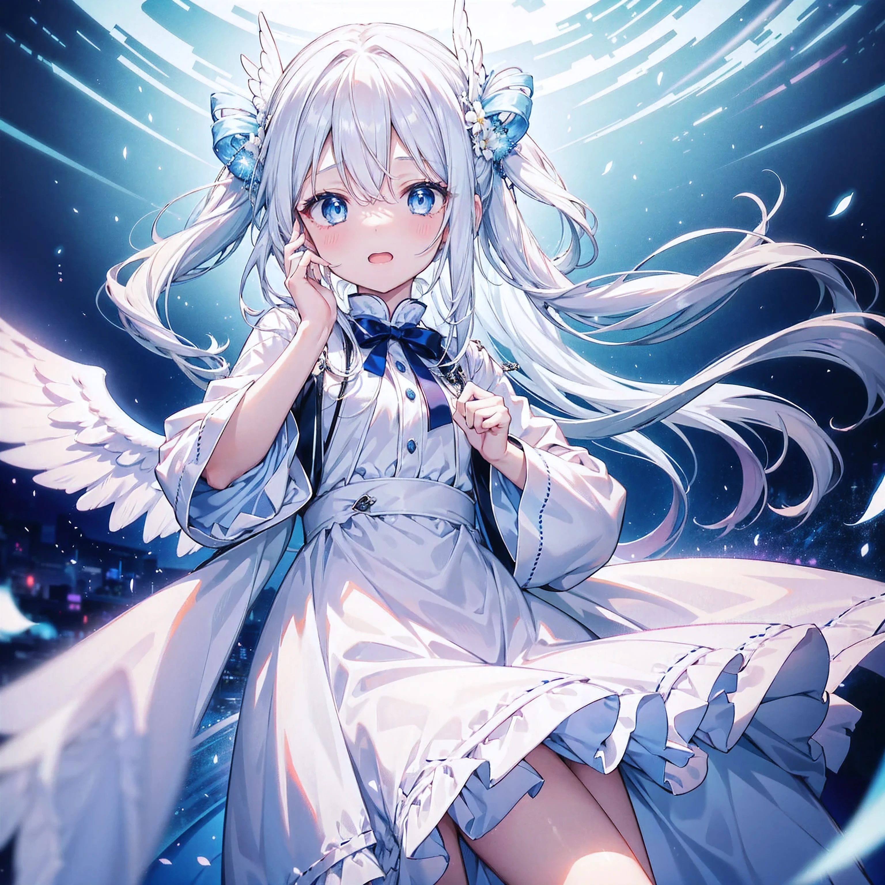 A pretty, cute girl with long white hair and blue eyes、14 Talents、Angel wings on the back、He is shocked, his mouth wide open and his eyes wide open、comical、Bright expression、happy、Pure white dress