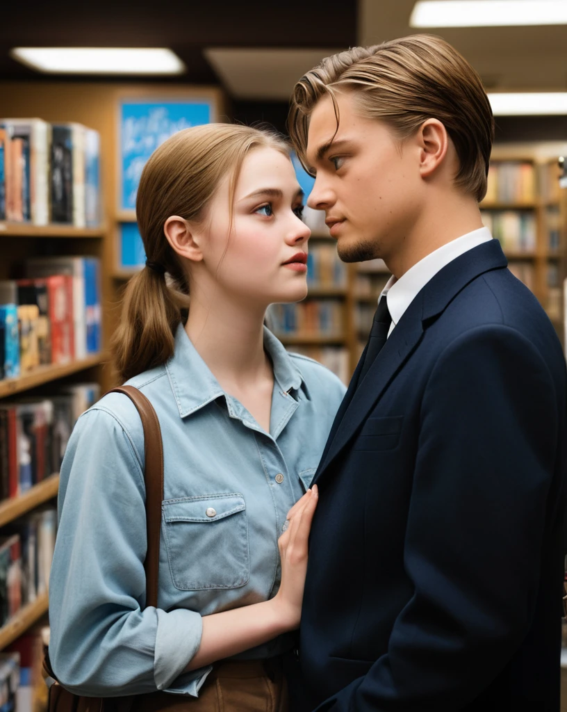 ((a couple in love in a bookstore)) a young 18 year old man with bright blue eyes, light brown hair, physical resemblance to 18-year-old Leonard Dicaprio in the 90's, youthful face of man without beard or mustache, wearing with a red spider-man sweatshirt, short hair hairstyle, standing, next to his beautiful girlfriend with golden blonde hair and bright, slightly dark blue eyes., pale skin and physical resemblance to 18-year-old Mamma Mia actress Amanda Seyfried wearing a black dress and a black blazer, an unreal engine 5, octane renderer, background of a bookstore, detailed hair and eyes, beautiful real faces, Detailed faces with physical resemblances to actors Leonardo Dicaprio and Amanda Seyfried, Beautiful hair, they both smile, beautiful portrait con detalles, hair with many details, 8k Artgerm bokeh, IG model | Artgerm, detailed portrait, stunning holding portrait of a realistic face, beautiful portrait, deviantart artstation cgscosiety, realistic cinematic portrait, high quality portrait, elegant digital painting, Artistic style
