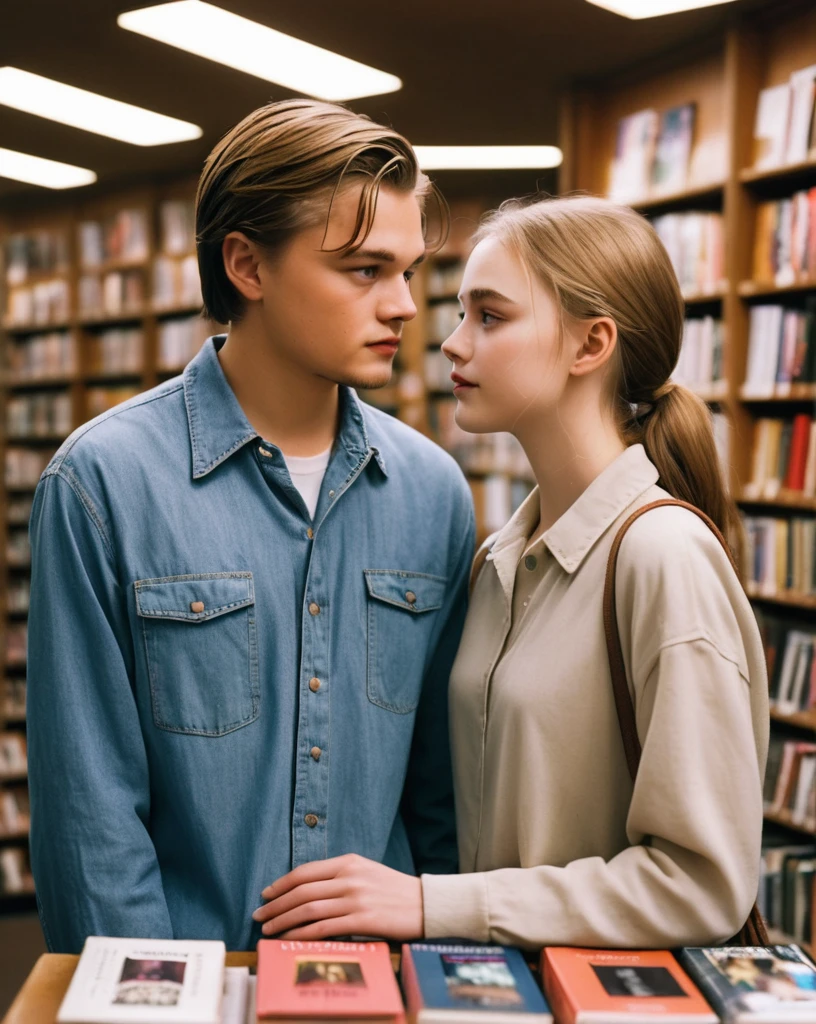 ((a couple in love in a bookstore)) a young 18 year old man with bright blue eyes, light brown hair, physical resemblance to 18-year-old Leonard Dicaprio in the 90&#39;s, youthful face of man without beard or mustache, wearing with a red spider-man sweatshirt, short hair hairstyle, standing, next to his beautiful girlfriend with golden blonde hair and bright, slightly dark blue eyes., pale skin and physical resemblance to 18-year-old Mamma Mia actress Amanda Seyfried wearing a black dress and a black blazer, an unreal engine 5, octane renderer, background of a bookstore, detailed hair and eyes, beautiful real faces, Detailed faces with physical resemblances to actors Leonardo Dicaprio and Amanda Seyfried, Beautiful hair, they both smile, beautiful portrait con detalles,  hair with many details, 8k Artgerm bokeh, IG model | Artgerm, detailed portrait, stunning holding portrait of a realistic face, beautiful portrait, deviantart artstation cgscosiety, realistic cinematic portrait, high quality portrait, elegant digital painting, Artistic style