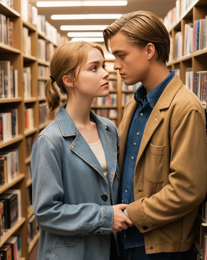 ((a couple in love in a bookstore)) a young 18 year old man with bright blue eyes, light brown hair, physical resemblance to 18-year-old Leonard Dicaprio in the 90's, youthful face of man without beard or mustache, wearing with a red spider-man sweatshirt, short hair hairstyle, standing, next to his beautiful girlfriend with golden blonde hair and bright, slightly dark blue eyes., pale skin and physical resemblance to 18-year-old Mamma Mia actress Amanda Seyfried wearing a black dress and a black blazer, an unreal engine 5, octane renderer, background of a bookstore, detailed hair and eyes, beautiful real faces, Detailed faces with physical resemblances to actors Leonardo Dicaprio and Amanda Seyfried, Beautiful hair, they both smile, beautiful portrait con detalles, hair with many details, 8k Artgerm bokeh, IG model | Artgerm, detailed portrait, stunning holding portrait of a realistic face, beautiful portrait, deviantart artstation cgscosiety, realistic cinematic portrait, high quality portrait, elegant digital painting, Artistic style