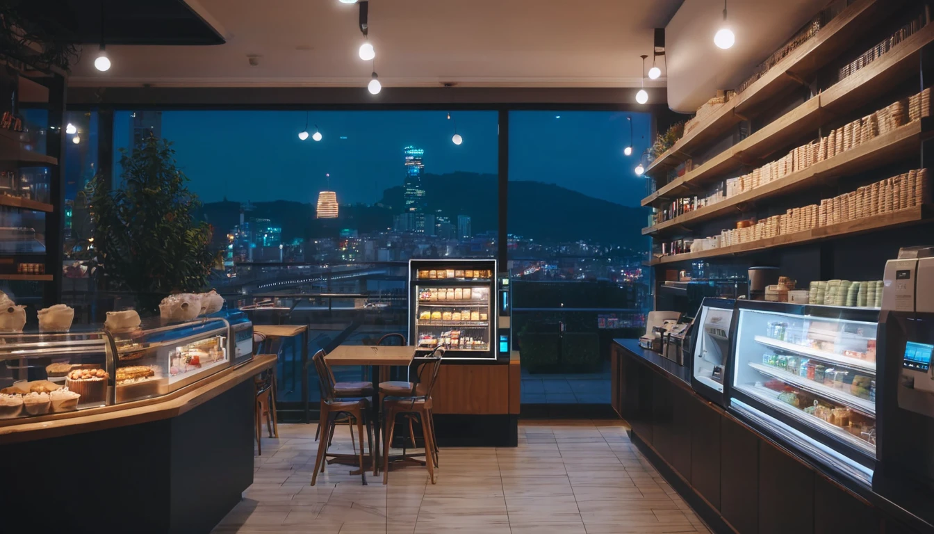 a cozy night time at a coffe interior with cozy lighting and sweets in the shelves. There are coffee cups in the tables. a cash machine and a coffee maker machine in the counter,There is a big window in the middle of the coffeeshop and the outside view is the city at night