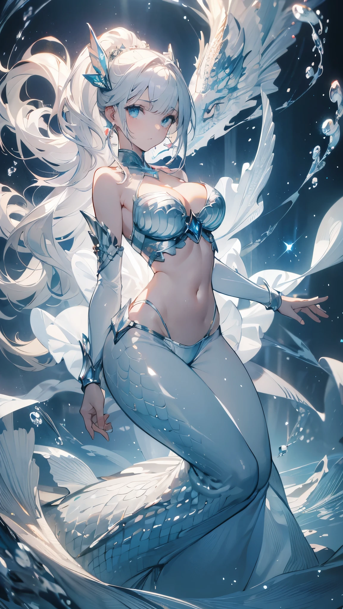 ((masterpiece, best quality)), Delicate face，silver white， seabed，Mermaid，Scales，whole body，Standing picture，Large Breasts，Gradient double ponytail，Perfect body proportions，beautiful eyes，Extremely beautiful，transparent，Pure white background，Water Ripples，Sex bikini，Lace