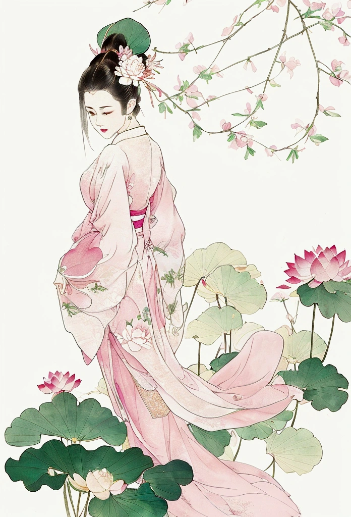 Ink and brushwork style，Lotus，Lotus Leaf，Pink and green color scheme，Simple lines，Hand Painted，HD details，White background，Painting on rice paper，HD 8k