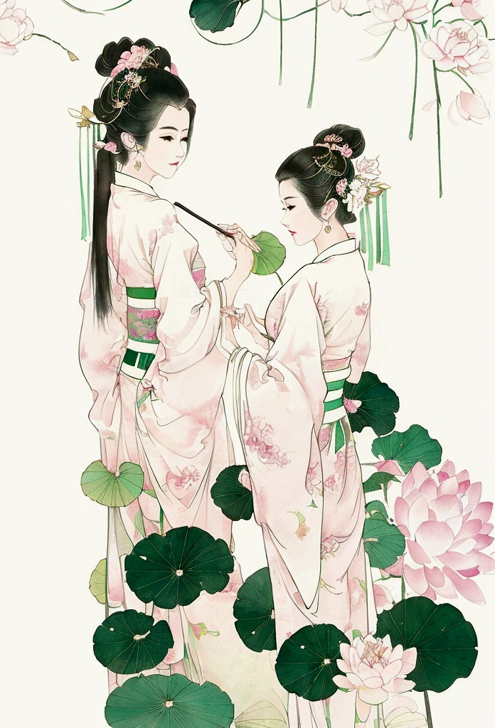 Ink and brushwork style，Lotus，Lotus Leaf，Pink and green color scheme，Simple lines，Hand Painted，HD details，White background，Painting on rice paper，HD 8k