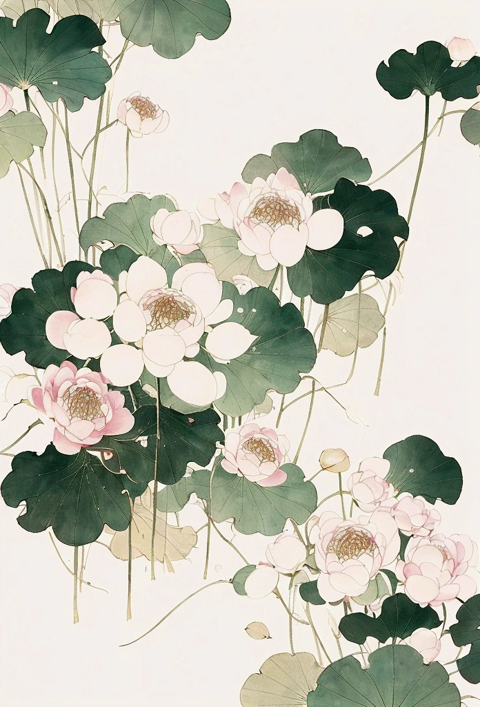 Ink and brushwork style,Lotus,Lotus Leaf,Pink and green color scheme,Simple lines,Hand Painted,HD details,White background,Painting on rice paper,HD 8k