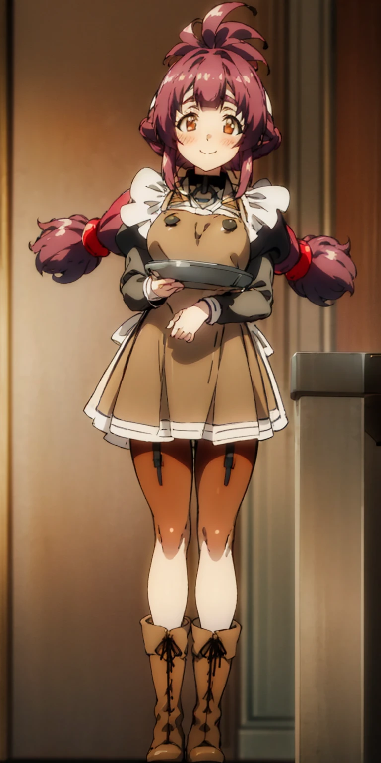 far shot view from below full body standing straight symmetrical, lustful smirking smile face red blush red cheeks, looking at viewer, holding tray, braid, maid headdress, maid, dress, apron, long sleeves, brown pantyhose, long leather militar boots, thighs, long white hair, masterpiece