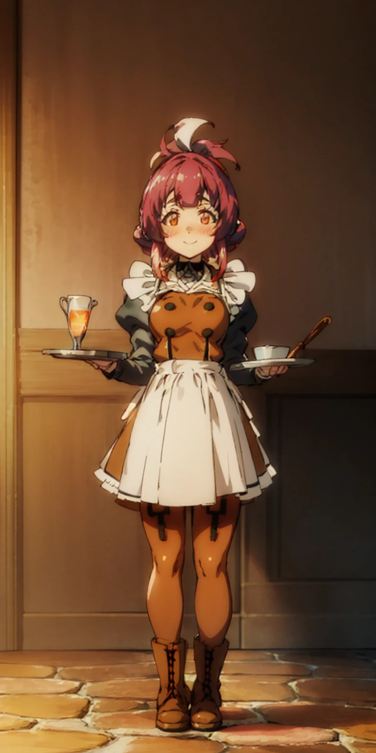 far shot view from below full body standing straight symmetrical, lustful smirking smile face red blush red cheeks, looking at viewer, holding tray, braid, maid headdress, maid, dress, apron, long sleeves, brown pantyhose, long leather militar boots, thighs, long white hair, masterpiece