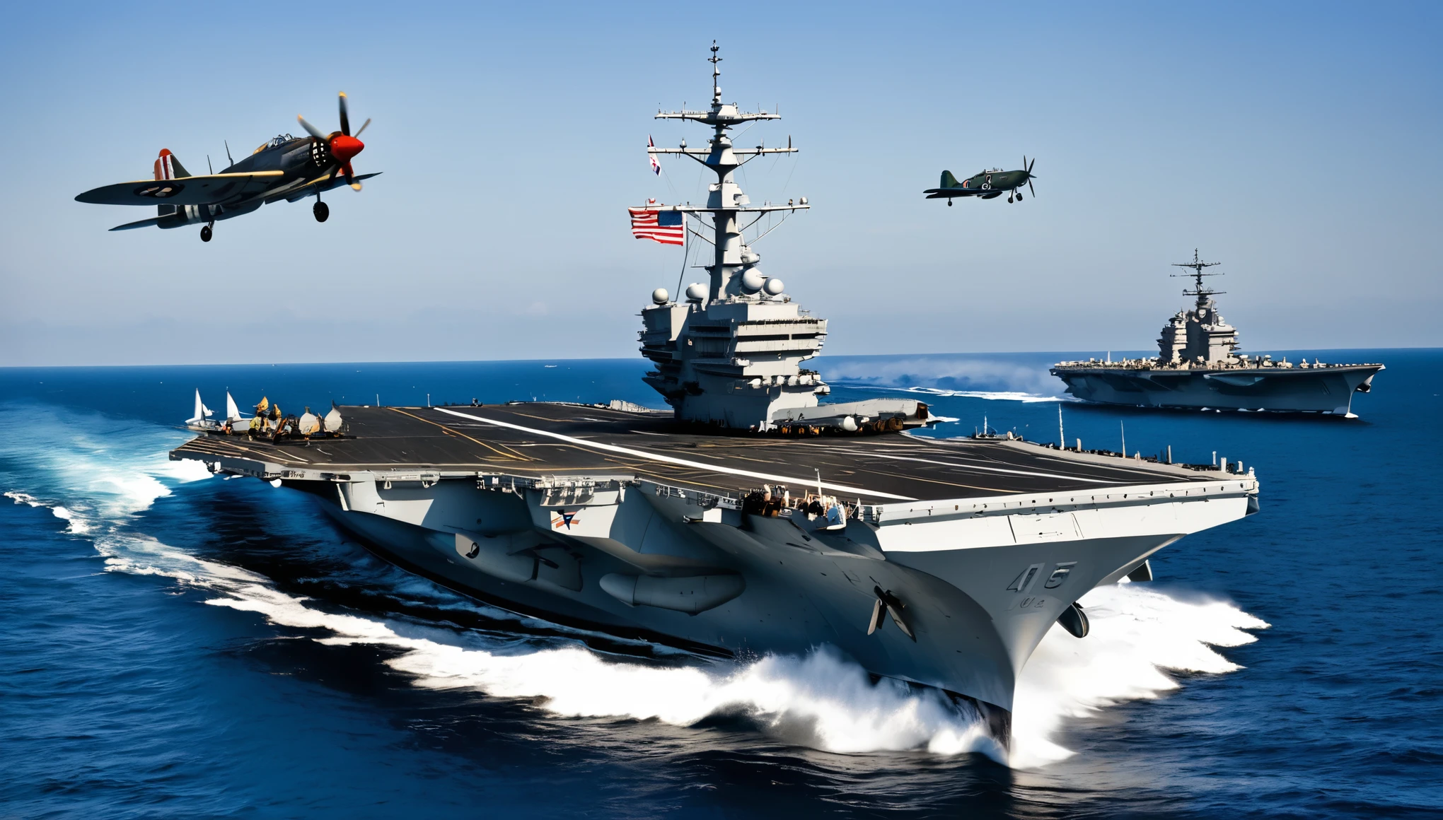 A historical aircraft carrier from World War II, with vintage fighter planes on its deck, sailing through calm seas.