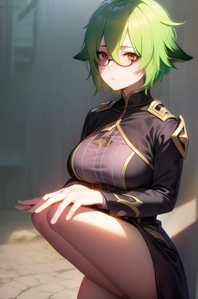 sucrose, ahoge, animal ears, (brown eyes:1.1), glasses, green hair, hair between eyes, messy hair, multicolored hair, short hair,
BREAK (semi-rimless eyewear,:1.4)
BREAK looking at viewer, full body, upper body,
BREAK outdoors, city, sky,
BREAK (masterpiece:1.2), best quality, high resolution, unity 8k wallpaper, (illustration:0.8), (beautiful detailed eyes:1.2), extremely detailed face, perfect lighting, extremely detailed CG, (perfect hands, perfect anatomy),