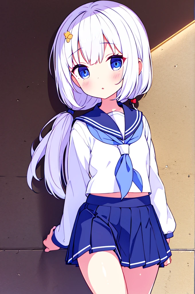 school gymnasium　primary school girl　
8 years　by plan　long white hair blue eyes white are （（1 person））　White Sailor Uniform Half Sleeve Top　Navy blue underbody mini skirt（（White panties are visible.））　black socks　sneakers　stand next to the wall　Open your legs a little　I can see white panties　dynamic angle　center of upper body　
