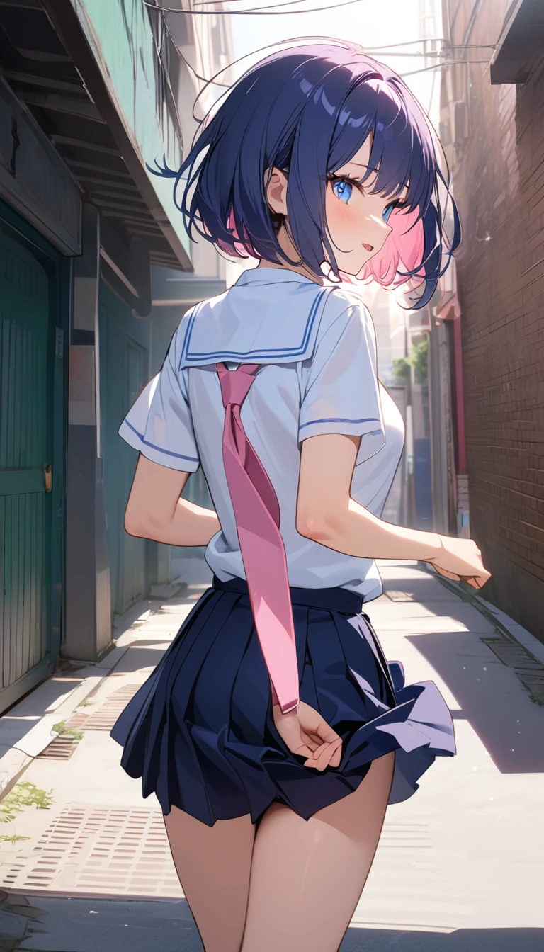 (Best Picture Quality, 8K, Masterpiece:1.3),(high school student:1.5), (pink medium hair), (bob cut), (slant skyblue eyes), ((school uniform, white short sleeve shirt, darkblue skirt, pink tie)), (city ​​alley Setting), Professional Lighting, Very Detailed Skin And Hair, (running:1.3), (serafuku:1.3), beguiling expression, (super clear:1.5),((looking back:1.3)),(back shot:1.3),(upper body).