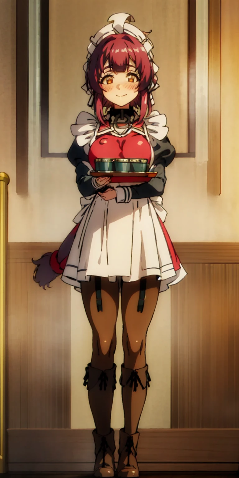 far shot view from below full body standing straight symmetrical, lustful smirking smile face red blush red cheeks, looking at viewer, holding tray, braid, maid headdress, maid, dress, apron, long sleeves, brown pantyhose, long leather militar boots, thighs, long white hair, masterpiece