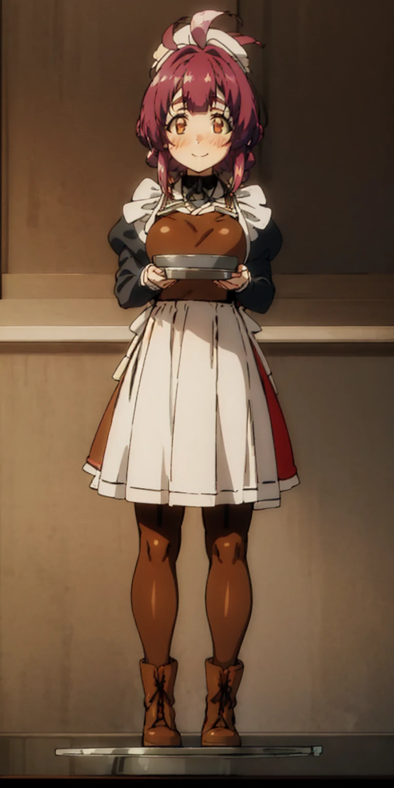 far shot view from below full body standing straight symmetrical, lustful smirking smile face red blush red cheeks, looking at viewer, holding tray, braid, maid headdress, maid, dress, apron, long sleeves, brown pantyhose, long leather militar boots, thighs, long white hair, masterpiece