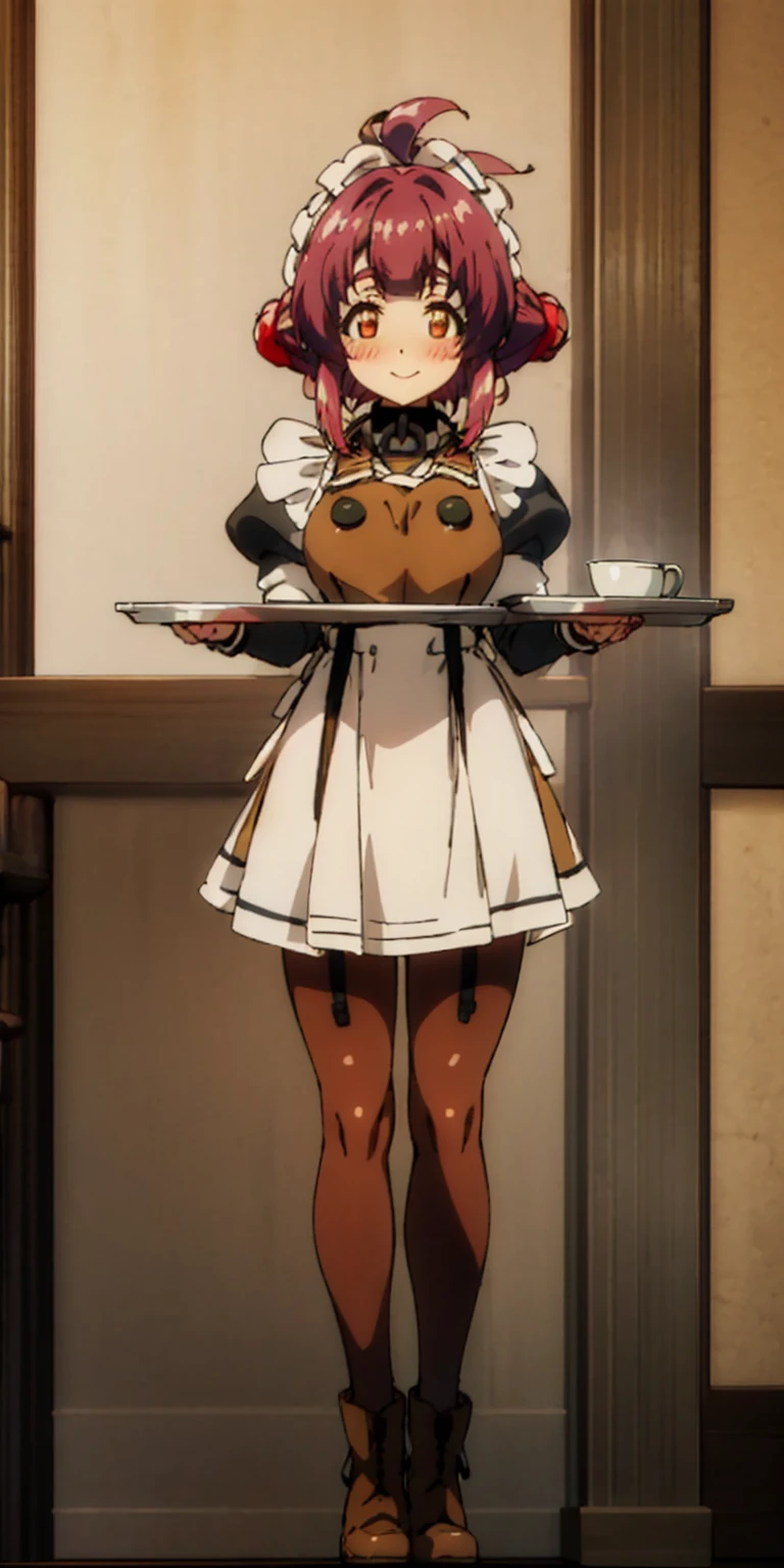 far shot view from below full body standing straight symmetrical, lustful smirking smile face red blush red cheeks, looking at viewer, holding tray, braid, maid headdress, maid, dress, apron, long sleeves, brown pantyhose, long leather militar boots, thighs, long white hair, masterpiece