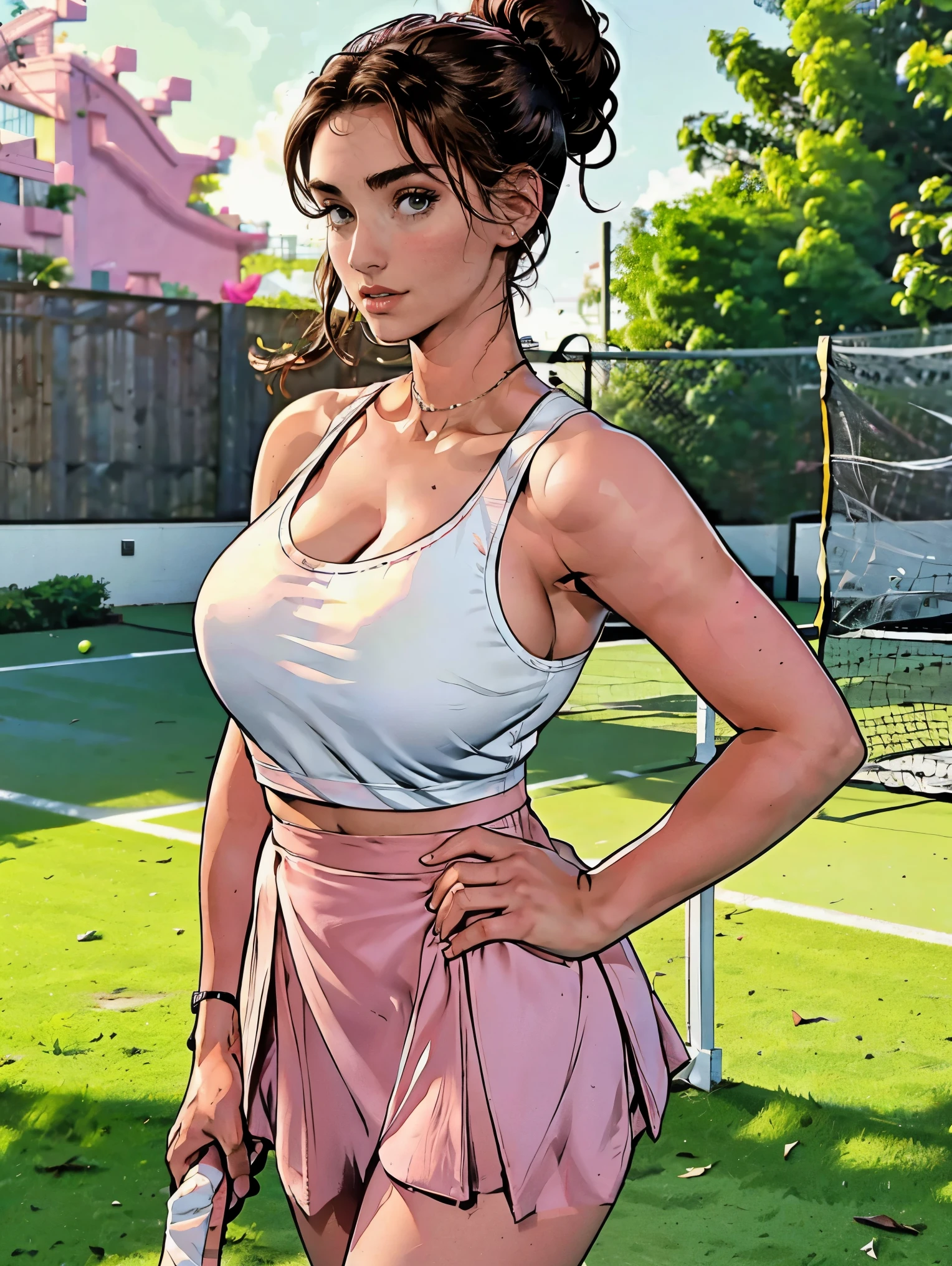 Extremely busty thin and toned brunette photographer, college girl, fair skin, loose updo, soft face, athletic, white tank top, pink skirt. detailed background, tennis court.