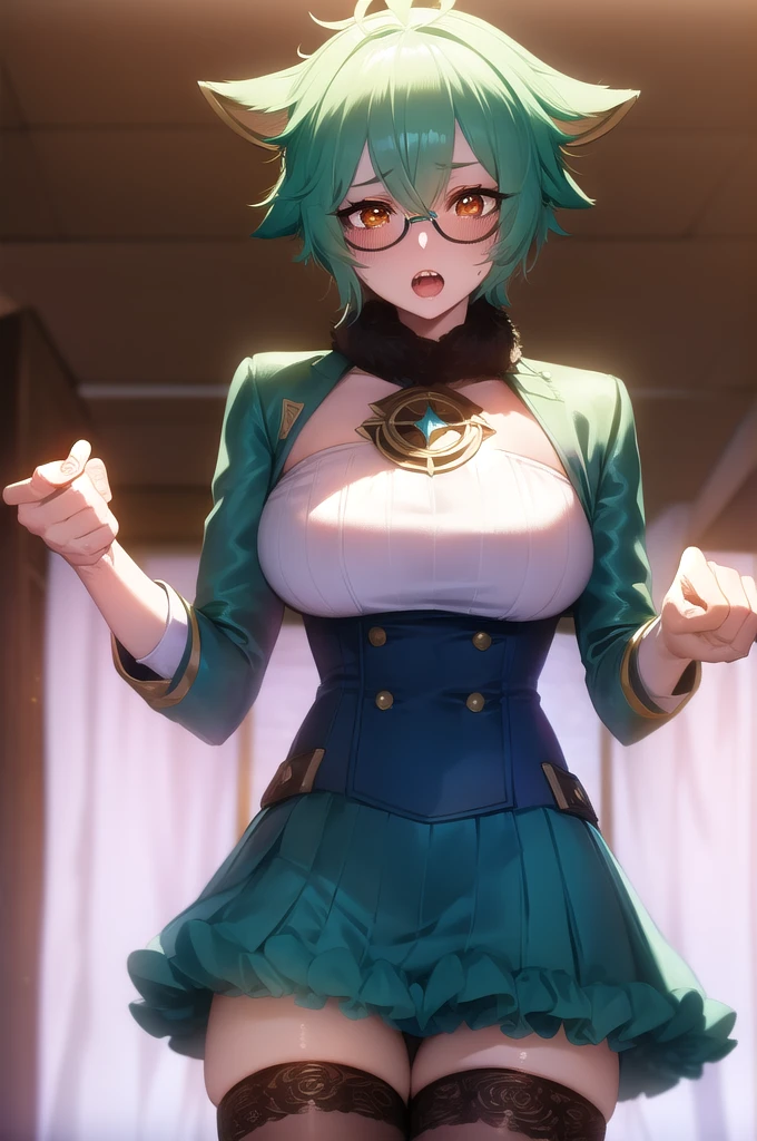 sucrose, sucrose, ahoge, animal ears, (brown eyes:1.5), glasses, gradient hair, hair between eyes, messy hair, multicolored hair, semi-rimless eyewear, short hair, green hair, open mouth,
BREAK frills, fur collar, gem, gloves, green thighhighs, long sleeves, thighhighs, white headwear, zettai ryouiki, skirt, blue skirt,
BREAK indoors, laboratory,
BREAK looking at viewer, (cowboy shot:1.5),
BREAK (masterpiece:1.2), best quality, high resolution, unity 8k wallpaper, (illustration:0.8), (beautiful detailed eyes:1.6), extremely detailed face, perfect lighting, extremely detailed CG, (perfect hands, perfect anatomy),