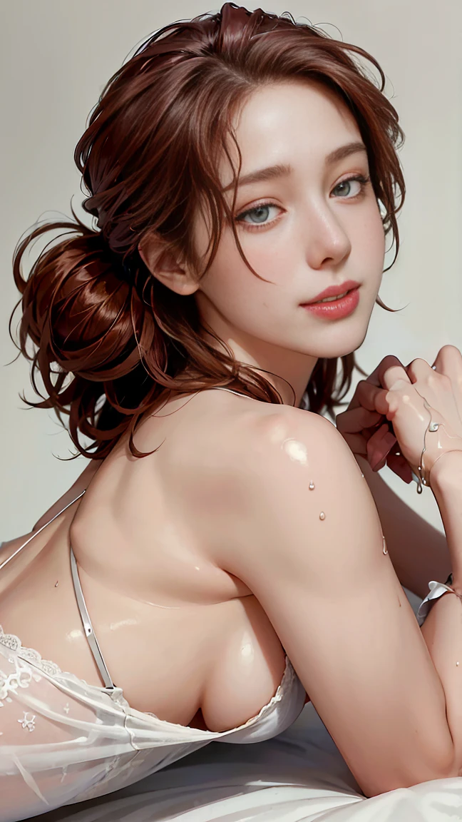 ((((masterpiece, best quality, high resolution)))), Extremely detailed 8K, Beautiful girl with voluptuous body, (laying lewd pose on the bed), (Realistic red hair), (wavy single hair bun), (embarrassed), (beautiful face), (smile), blush, masterpiece, best quality, CG, HDR, illustration, wallpaper, absurdres, high-definition, extremely detailed, (extremely tight wet maiddress:1.2), ((panties)), ((red high heels)), (Ultra HD, Ultra-detailed, Highly detailed, Highly realistic, Ultra-realistic, photograph realistic)